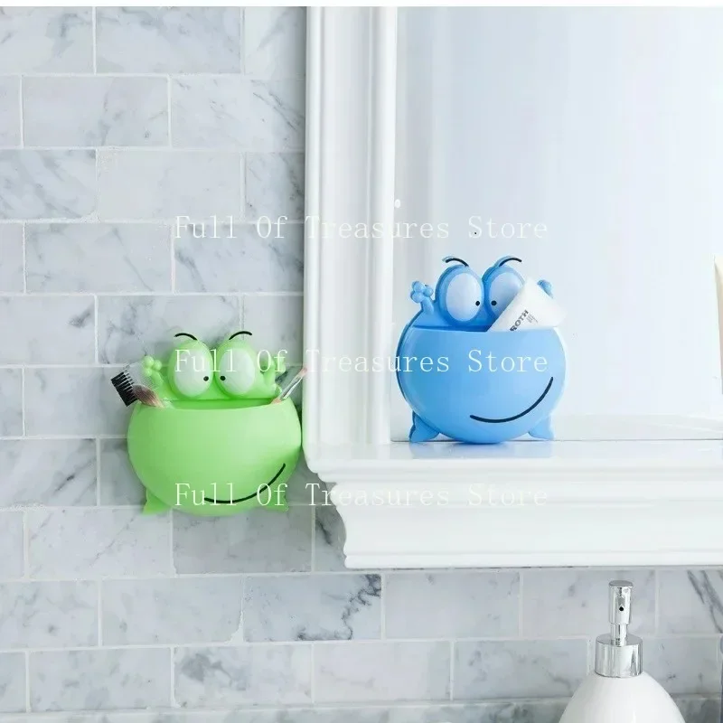 Wall mounted toothbrush holder with children's suction cups, toothpaste storage room, cute frog pattern, cartoon, house, T1