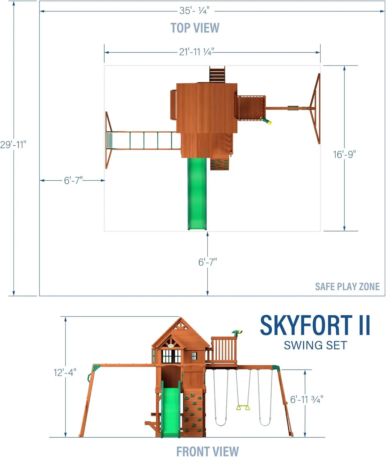 Skyfort II Cedar Wood Swing Set with Wave Slide, Raised Clubhouse, Crow's Nest, Monkey Bars, Balcony, Belt Swings, Trapeze