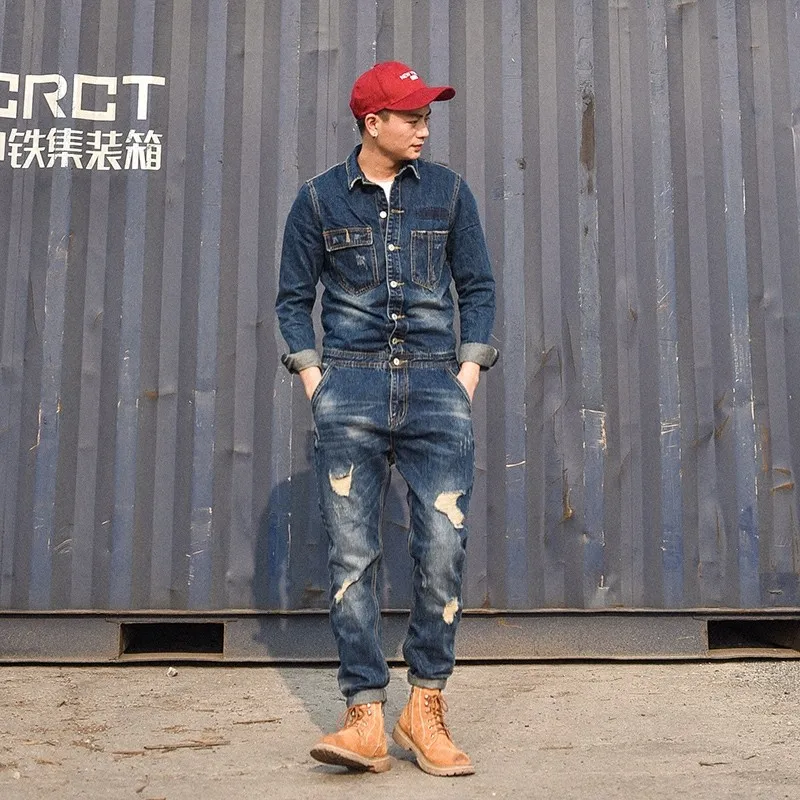 Korean Men Fashion Onesies Suspender Trousers Japanese Retro Casual Jumpsuit Male Slim Denim Jackets Overcoat