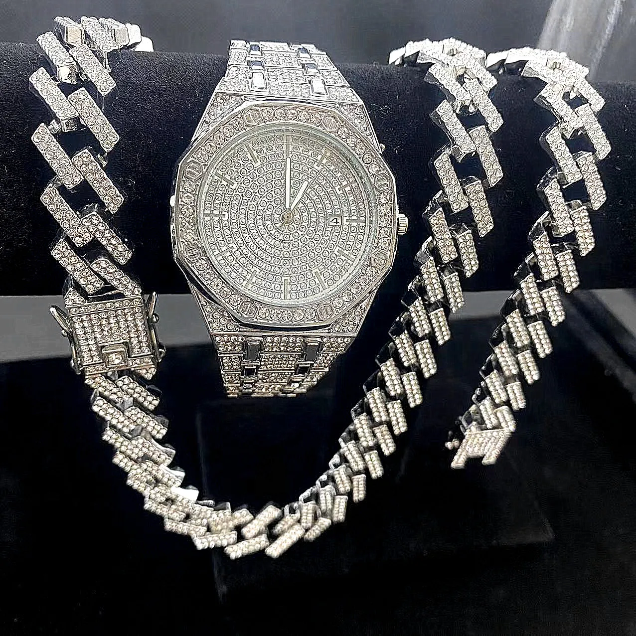 Hip Hop 15MM 3PCS KIT Heavy Watch Cuban Necklace Bracelet Bling Crystal AAA Iced Out Rhinestones Chains for Men's Jewelry Set