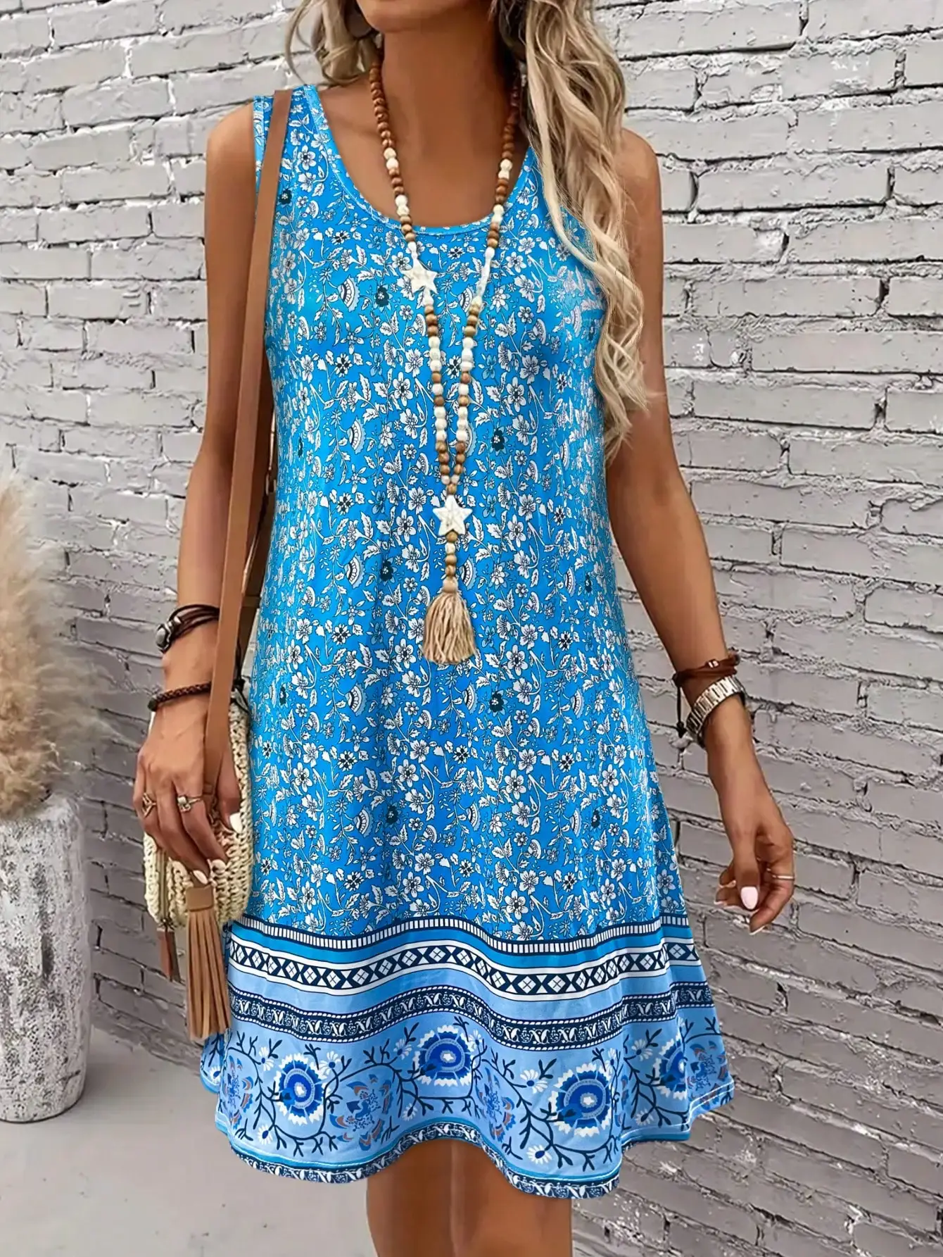 Damen Boho Blaues Ethno-Blumenmuster Ärmelloses Tanktop-Minikleid, Lässiges Rundhals-A-Linien-Fließkleid, Sommer Strand Urlaub