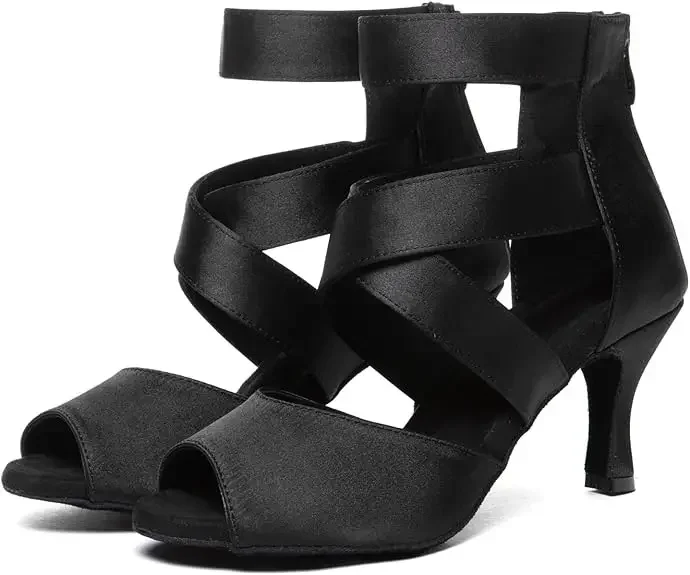 Black Latin Dance Shoes for Women Professional Satin Soft Sole Hight Heel Dancing Ballroom Salsa Tango Boots Show Competition