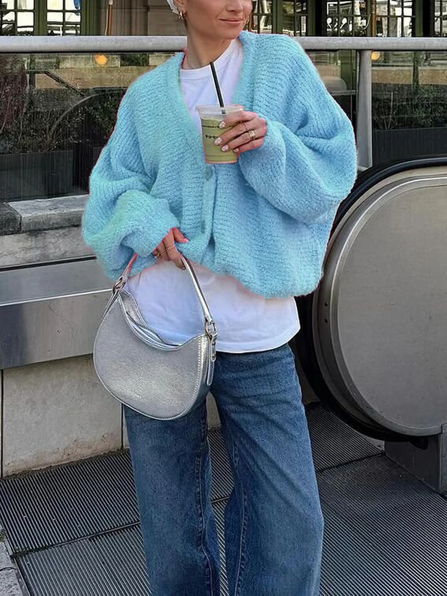 Ladies Cozy Knit Cardigan with V-Neckline Soft Fuzzy Texture Long Sleeves and Button-Front Closure for Warmth and Style