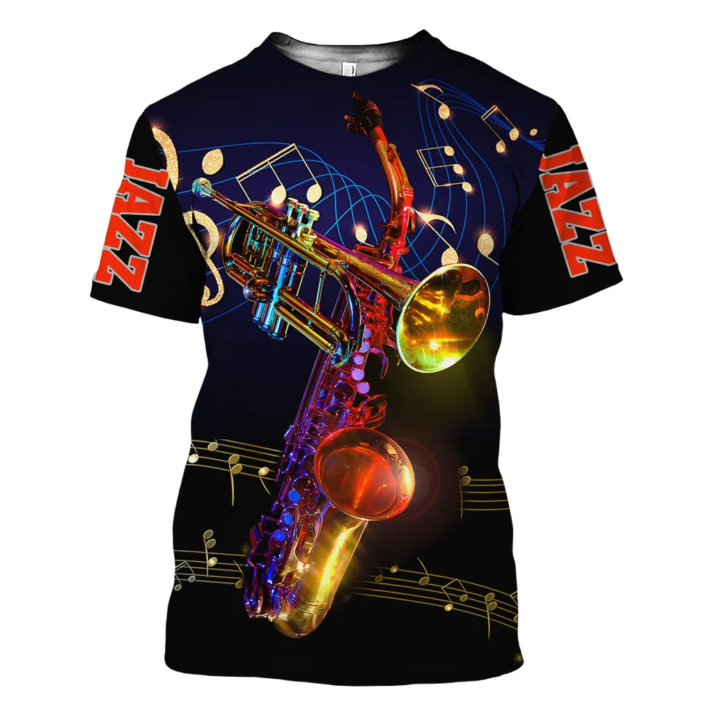 

Funko Pop Casual Tee Jazz T-shirt 3D Printed Saxophone Guitar Clarinet Men's T-shirt Classic Instrument Short Sleeve Loose Top