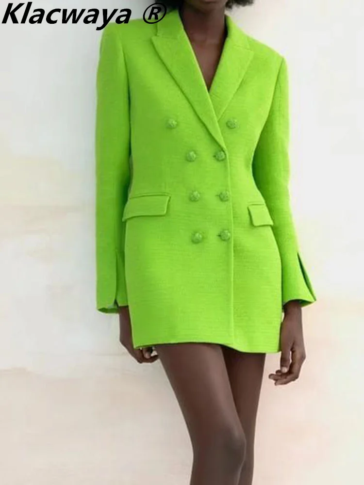Klacwaya Tweed Blazer Women 2022 Jacket Spring Office Lady Green