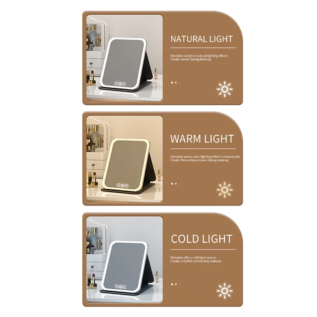 Miroir de maquillage LED à intensité variable, 3 couleurs, avec écran tactile, pliable, cosmétique, table rechargeable, pour voyage et usage domestique 2