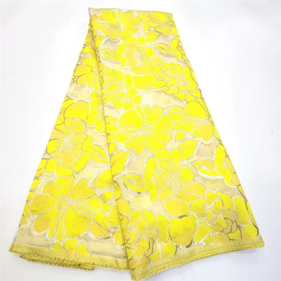 

Yellow African Brocade Jacquard Fabric Floral French Tulle Net Lace Organza Mesh Material Nigerian Brocard Tissu 5 Yard WJ8