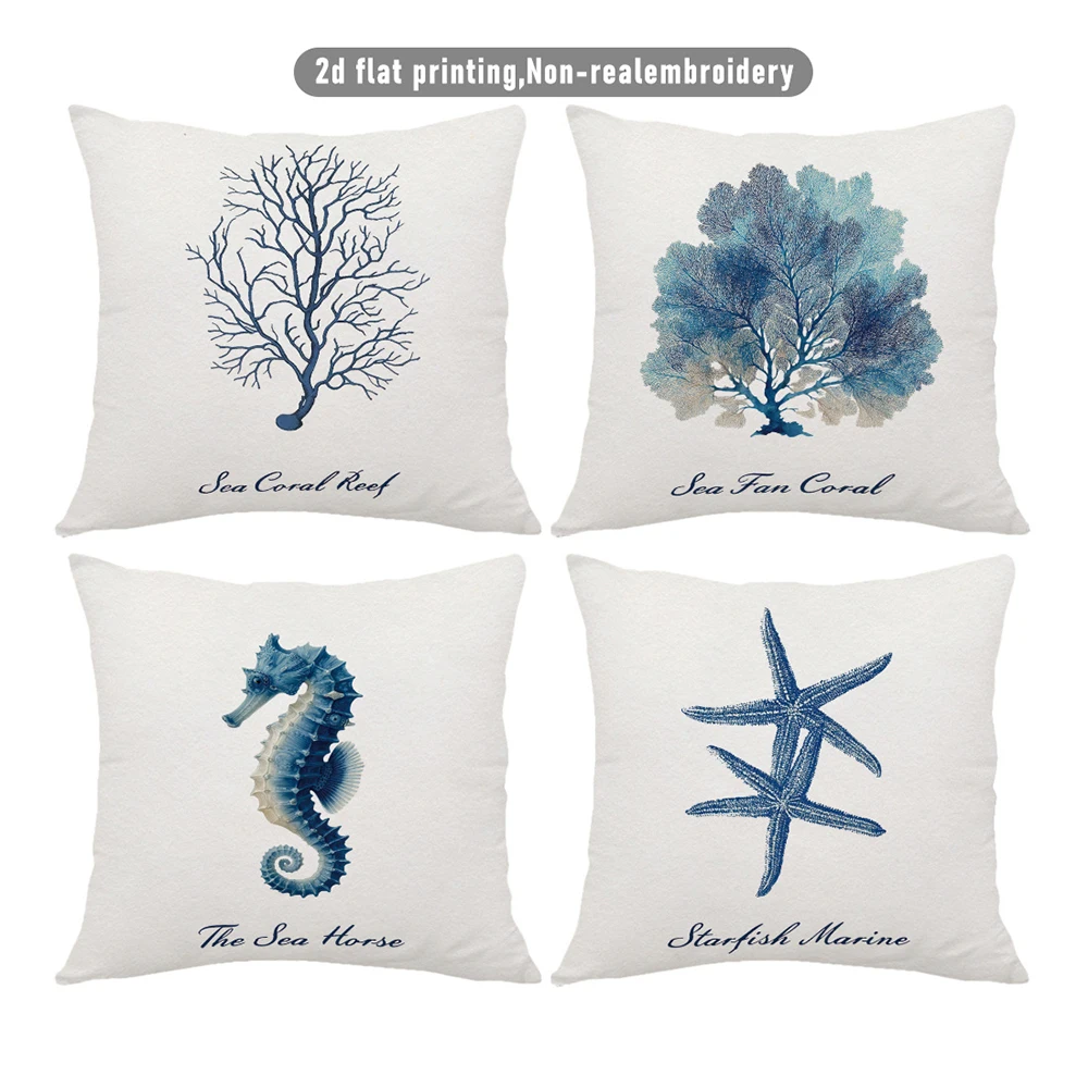 1/4pcs 2D Flat- Coastal Blue Seahorse Throw Pillow Cover, Nautical Themed Home Decor Cushion Case Home decoration cushion cover 1