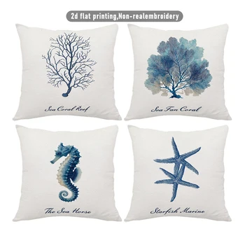 1/4pcs 2D Flat- Coastal Blue Seahorse Throw Pillow Cover, Nautical Themed Home Decor Cushion Case Home decoration cushion cover 1