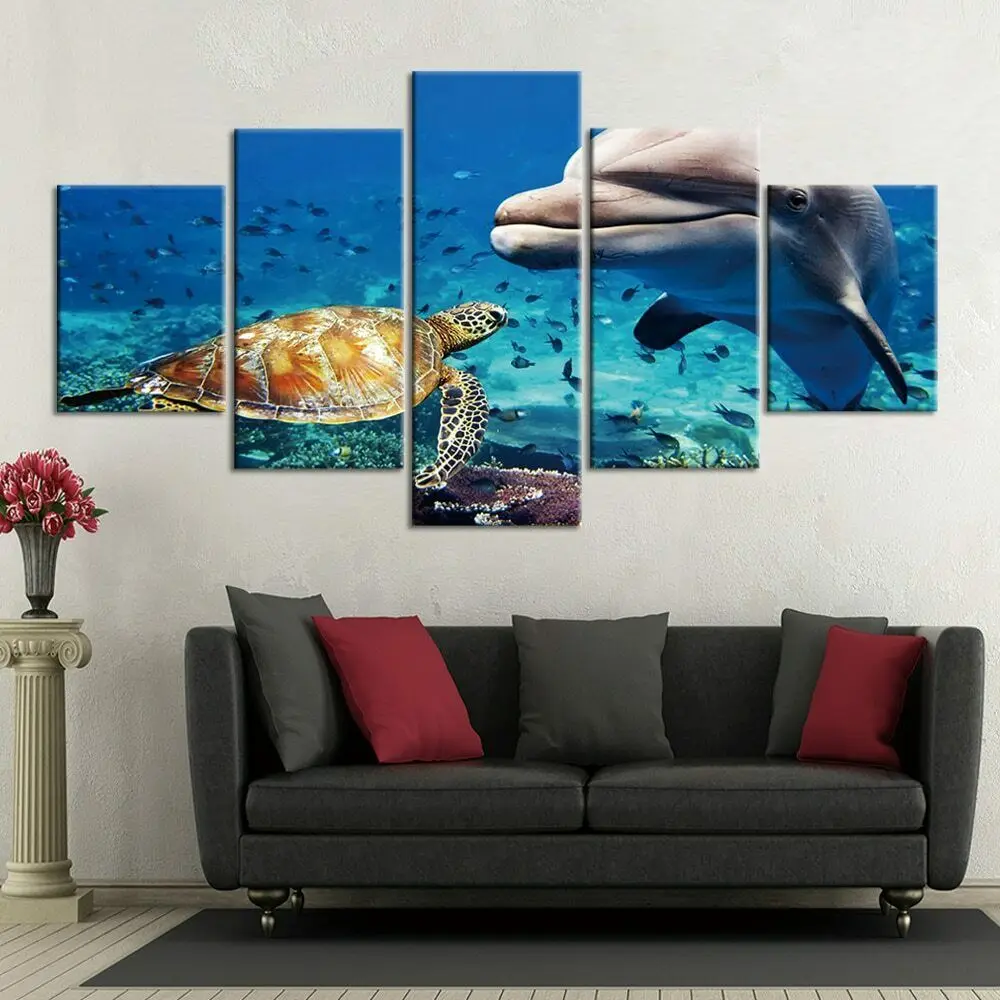 

5 Panel Dolphin Sea Turtle Ocean Canvas Picture Wall Art HD Print Decor Home Decor No Framed Paintings