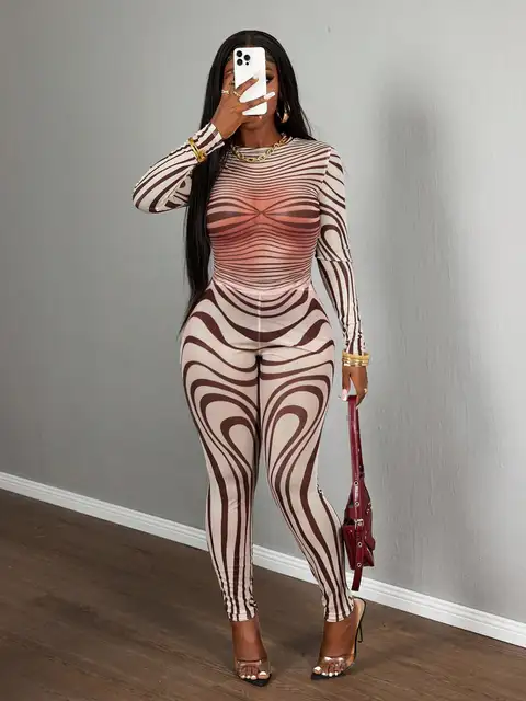 Sexy Sheer Mesh Zebra Print Bodycon Long Sleeve 2 Piece Set for Street Style Festivals Parties