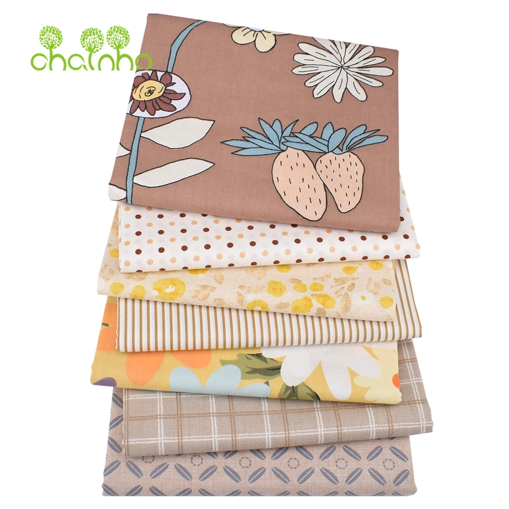 Chainho,Printed Twill Weave Cotton Fabric,DIY Sewing Quilting Material,Patchwork Cloth,Brown Floral Series,2 Sizes,15C255