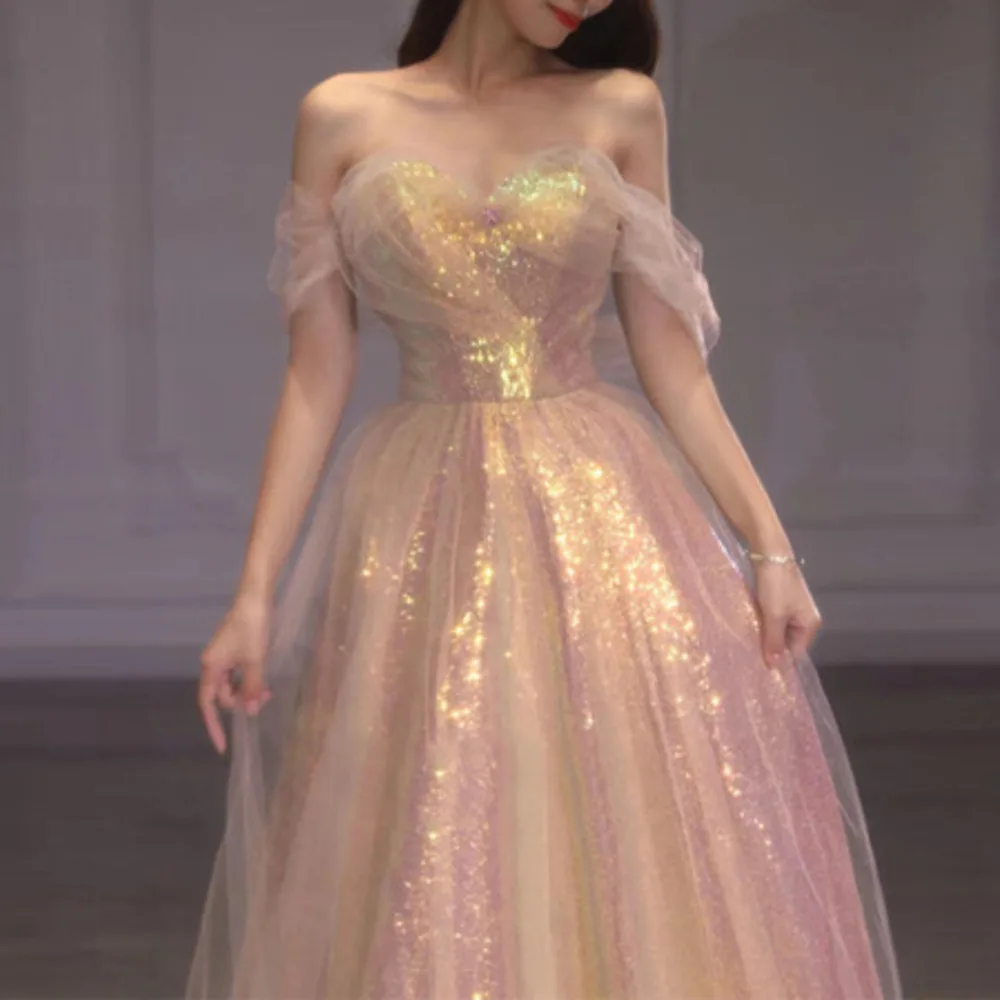 New Evening Dress Mesh Wedding Bride Slimming One Shoulder Female Party Dresses Prom  Banquet Fairy Elegant