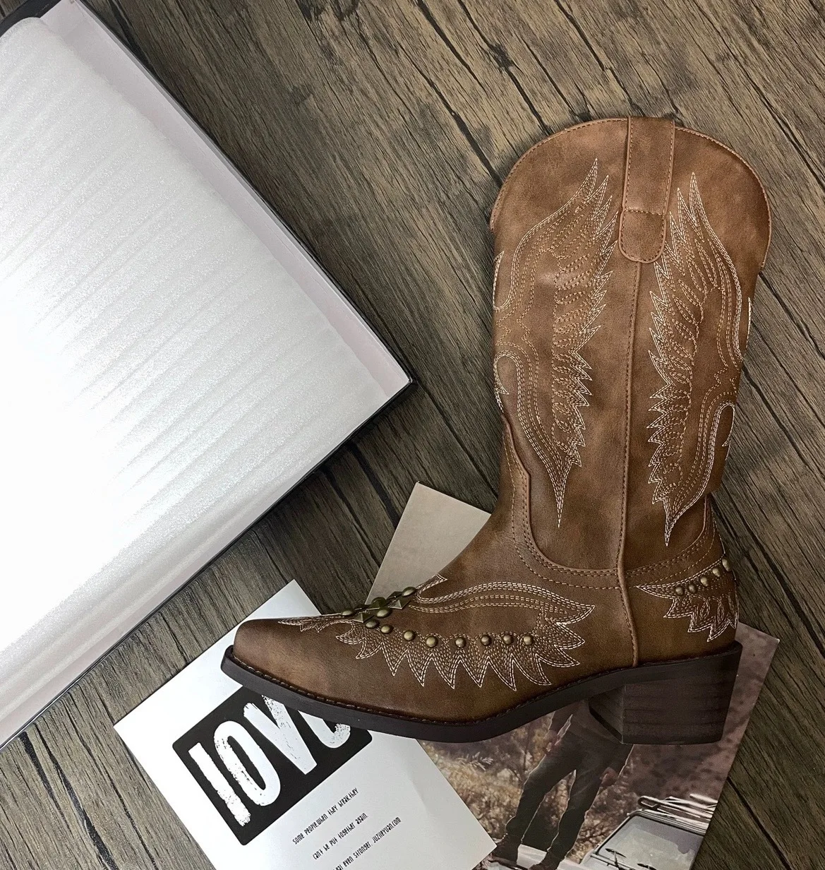 Red Boots Cowgirl Boots For Women Pointed Toe Chunky Heel Cowboy