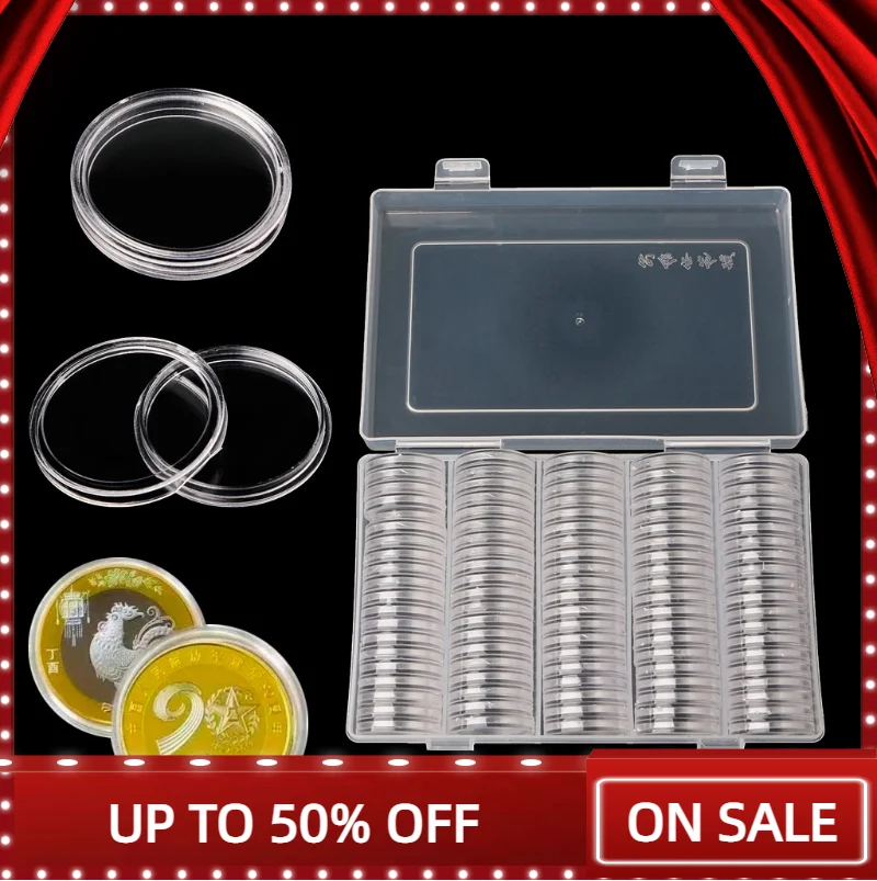 

100 Pieces Round Coin Capsules 27mm Round Holder and Protect Case with Plastic Storage Organizer Box for Coin Collection Supplie