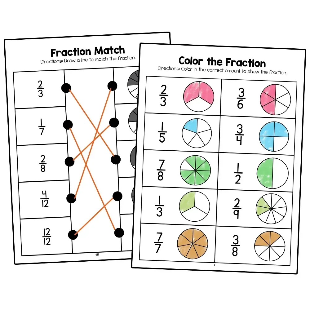 Math Fraction Practice Workbook for Kids - Educational Learning Aids in Basic Fractions (24 Pages)