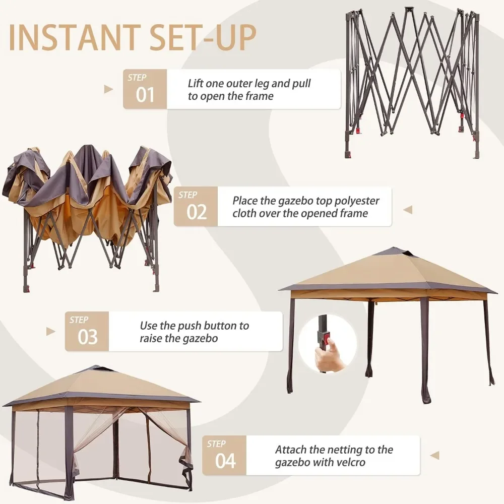 11'x11' Patio Gazebo 2-Tier Outdoor Pop-up Canopy Tent with Netting Sidewalls Brown, Gazebo is Suitable for Outdoor, Backyard