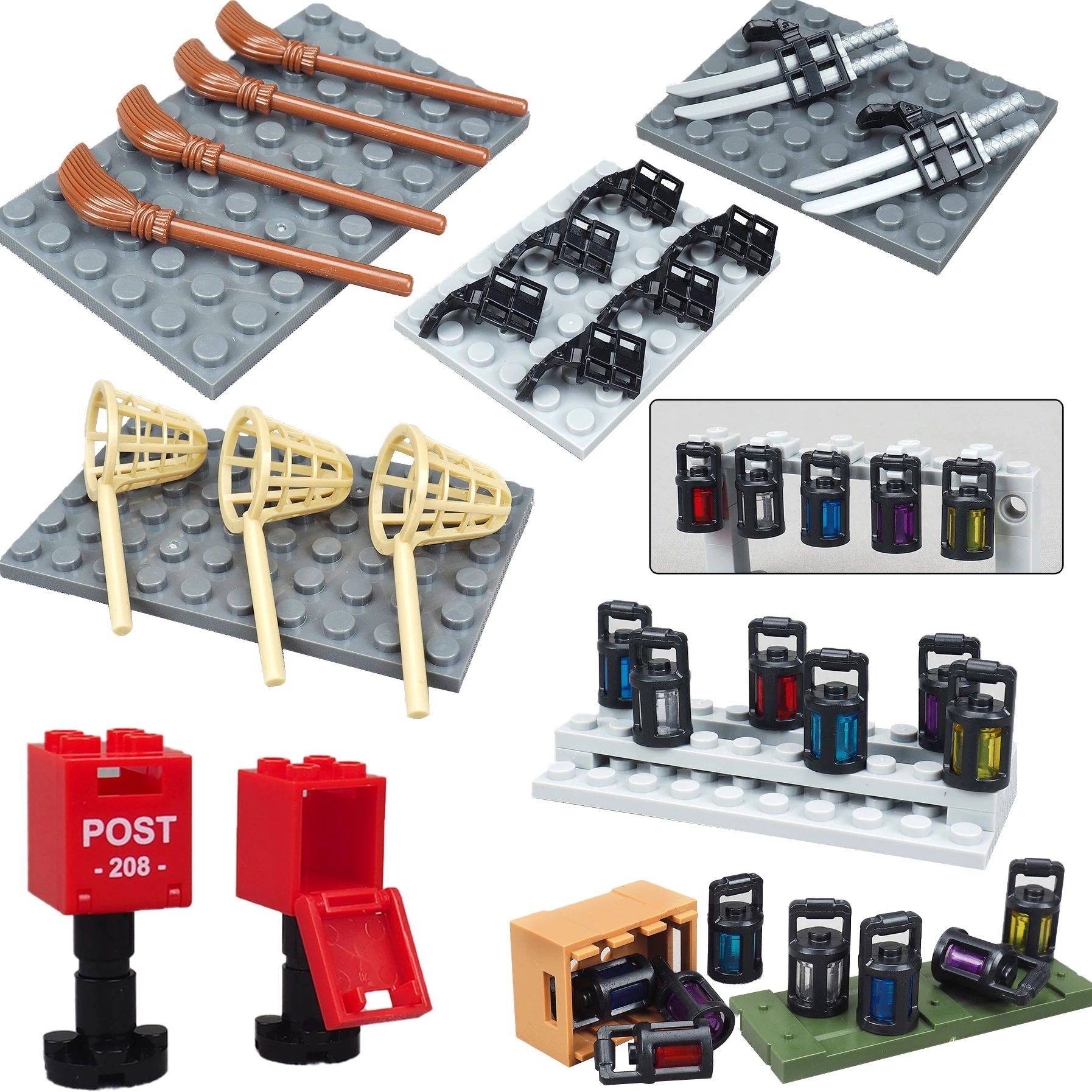 

MOC Medieval Sword Rack Building Blocks Lamp Figures Accessories Post Letter Mail Box Capture Net String Bag Bricks Toys Gift