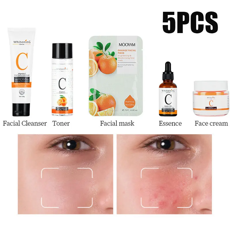 

5Pcs Vitamin C Whitening Skin Care Set Facial Cleanser Toner Face Cream Essence Mask Lighten Spots VC Brightening Care