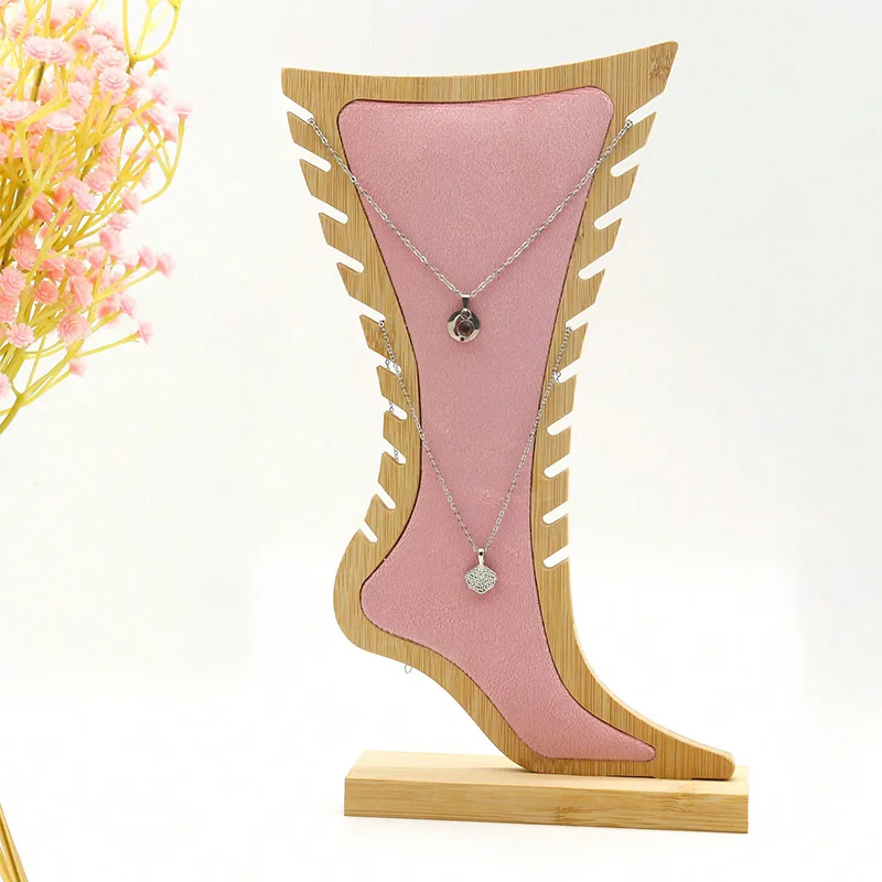 1 Foot Shaped Bamboo and Wood Necklace Display Stand, Solid Wooden Board, Creative Jewelry Hanging Stand, Necklace Display Stand 2