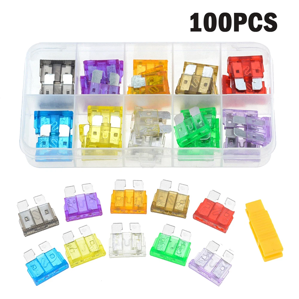 

100Pcs Zinc Inserts Blade Fuse Car Fuse Profile Fuses Blade Small Type for Auto Car Truck 2A-35A Fuse with Box Clip
