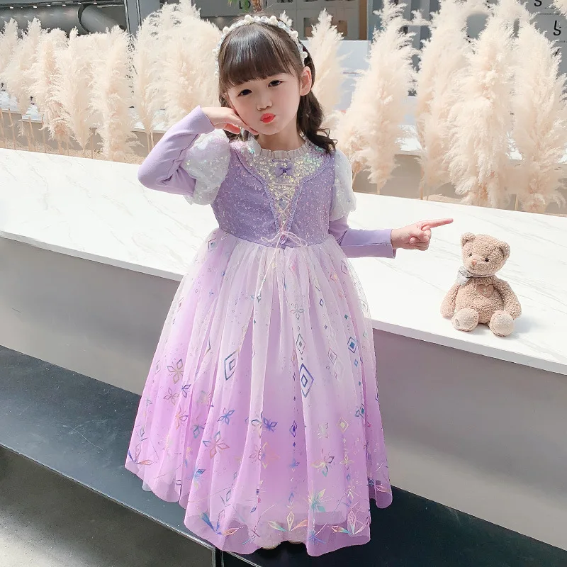 

Kid Princess Elsa Dress For Girl Frozen Sequin Snowflake Frock Halloween Party Flowing Ruffle Sleeve Princess Cosplay Costume