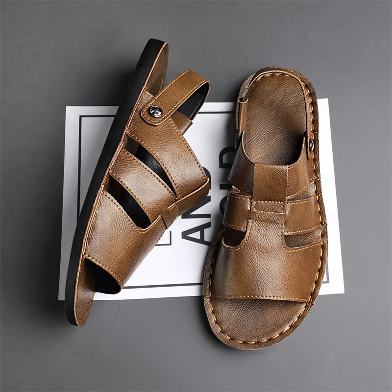 2026 New Fashion Casual Leather Men's Sandals Summer Hollow Out Slip On Sandals Classic Breathable Beach Shoes Outdoor Sandals 5