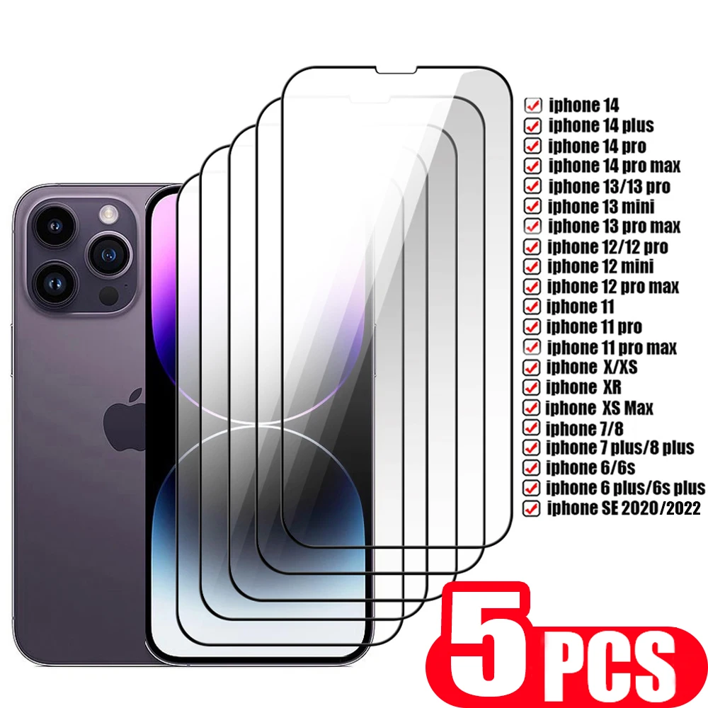 

5Pcs 9D Tempered glass For iphone 14 plus 13 12 mini 11 pro max 7 8 SE 2022 6 6s protective film X XS XR phone screen protector