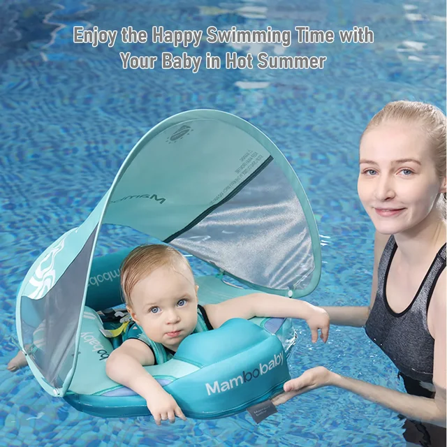 Mambobaby Non-Inflatable Baby Float with Canopy Waist Swimming Chest Floater with Tail Float Trainer Pool Toys 2