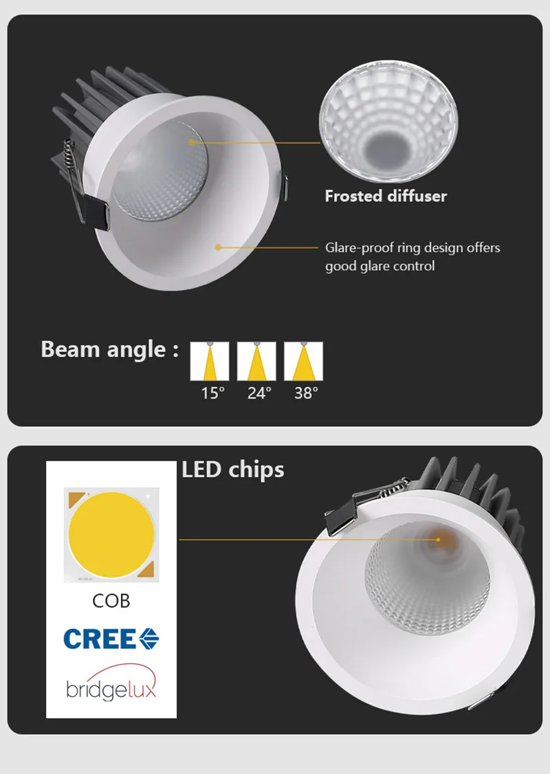 Dimmable Led Downlight 20W 24W 7W 9W 12w 15W COB LED Spot 220V / 110V Ceiling Lamp Recessed Down Lights Round Led Spotlight 24° pir downlight