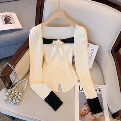 French Vintage Floral Knitted Sweater Women Outwear Long Sleeve Knitwear Y2k Top Slim Pullover Female Korean Blouse Autumn 2023