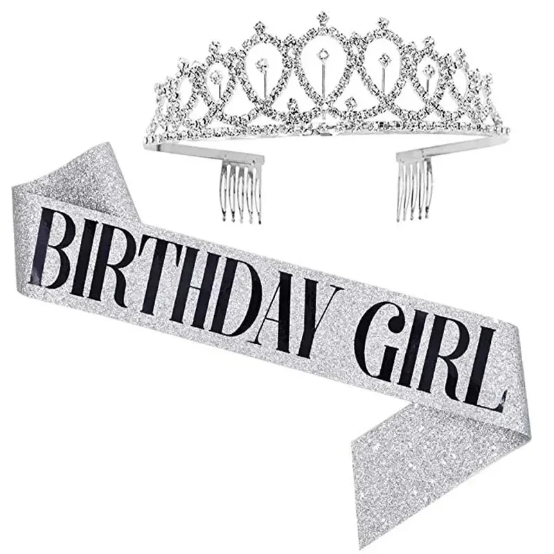 Party Supplies Bling Rhinestone Crystal Crown Tiara Birthday Anniversary Decoration Happy 18 21 30 40 50th Birthday Satin Sash
