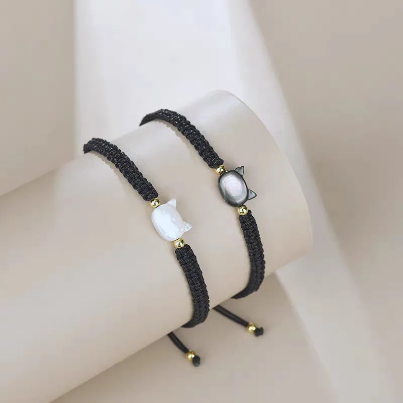 Black White Moonstone Couple Bracelet Cute Cat Natural Obsidian Handmade Rope Braided Bracelets Women Men Fashion Jewelry Gift bracelet jewelry