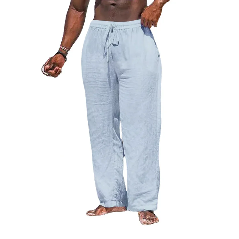 Men's Cotton Linen Pants Casual Loose Straight Pants Lightweight Drawstring Beach Trousers Mens Trousers 5