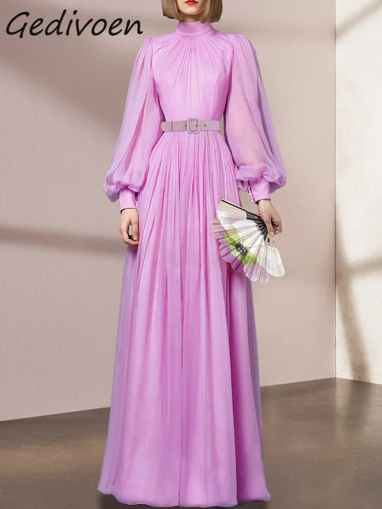 

Модное дизайнерское летнее женское платье Gedivoen с рукавами-фонариками и поясом, элегантное фиолетовое Свободное длинное платье с оборками