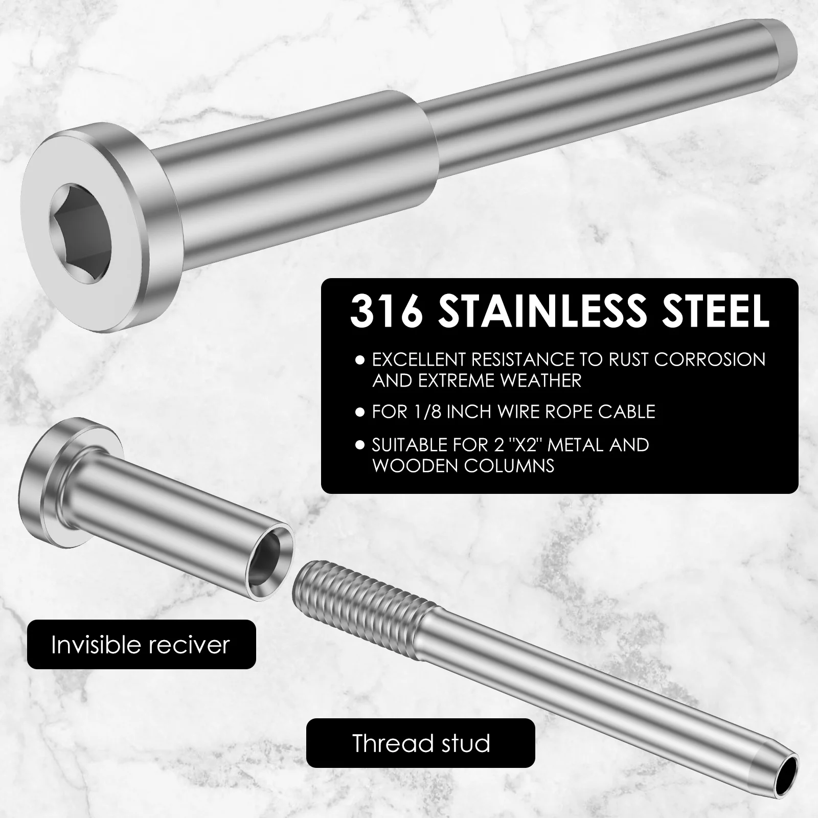 1/8inch Stainless Steel Invisible Receiver and Swage Stud End Cable Railing Deck Stair Threaded End Fitting for Wood Metal 10PCS