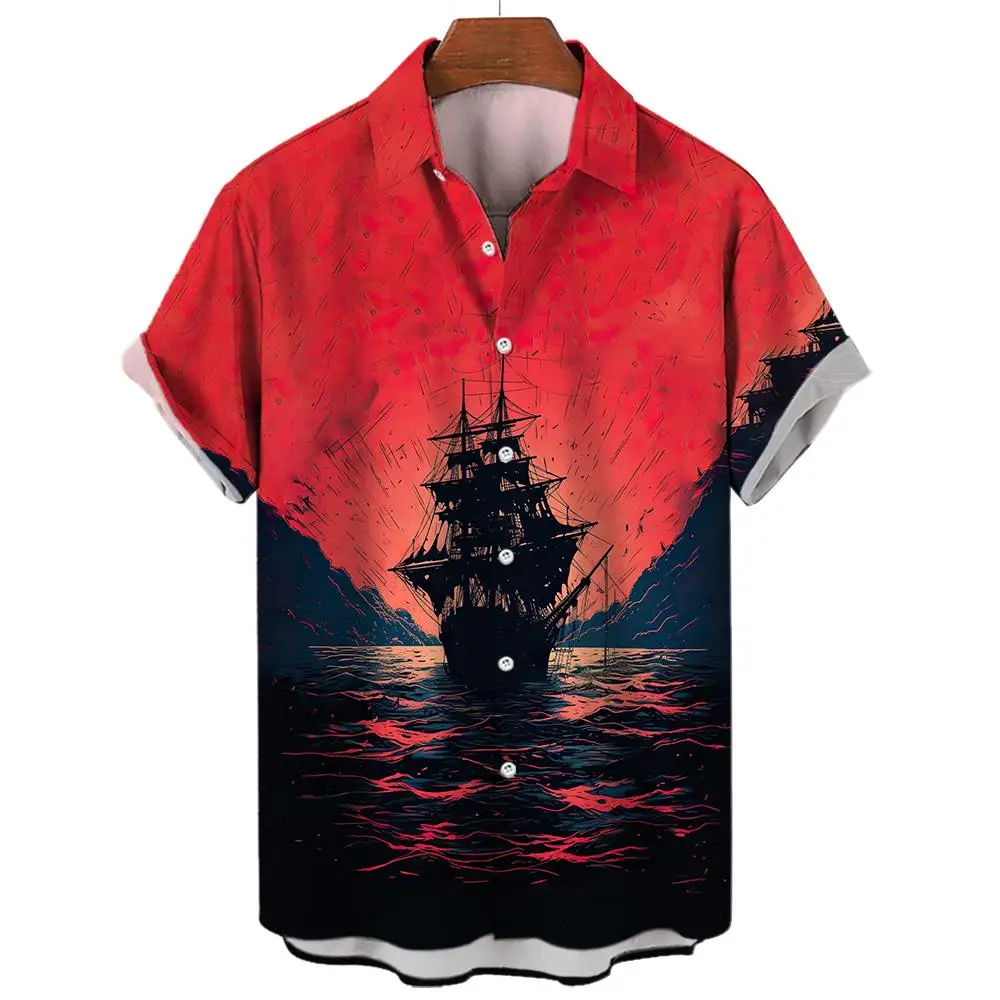 

Vintage Men'S Shirts 3d Ghost Ship Pattern Tops Blouse Skull Printed Short Sleeved Tees Men'S Clothing Casual Shirts Streetwear