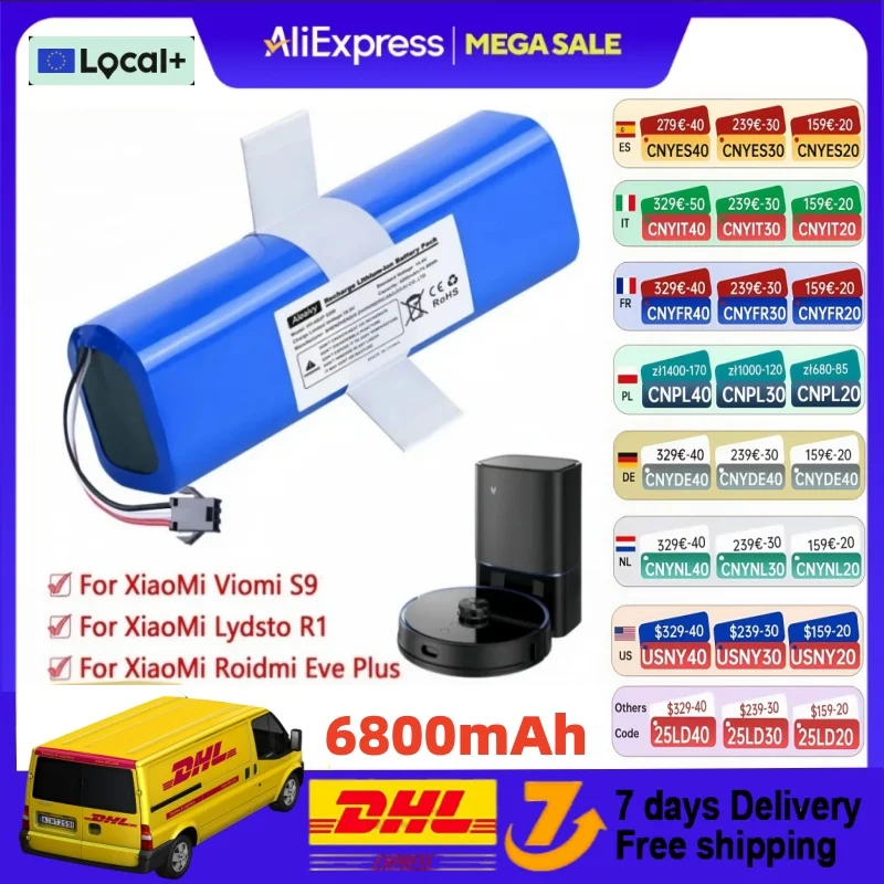 Batterie Rechargeable 14.4V 6800mAh pour XiaoMi Lydsto R1,Viomi S9,Proscenic M7 Pro,Lenovo LR1 batterie Li ion de remplacement