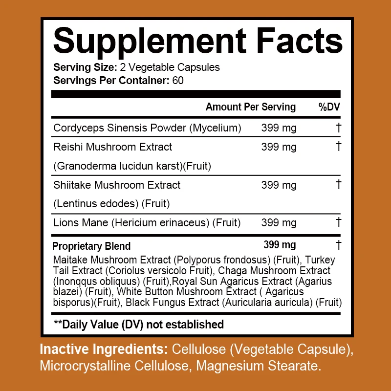 Mushroom Complex Capsules-Lions Mane Chaga Reishi Cordyceps-Support Immune System Memory Focus and Relieve Stress