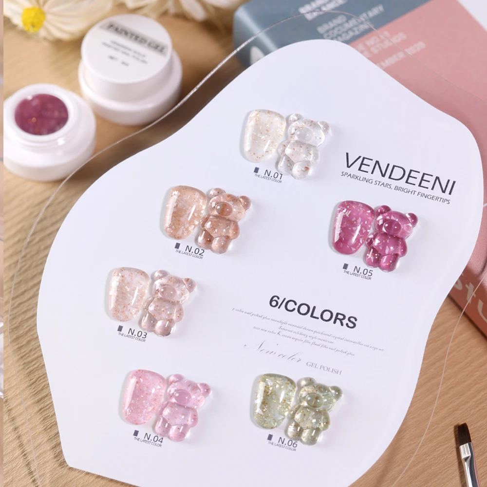 Vendeeni 6 색 쉘 조각 젤 매니큐어 UV LED 젤 래커 끄기 다채로운 운모 락 스팽글 네일 아트 젤 광택 6g