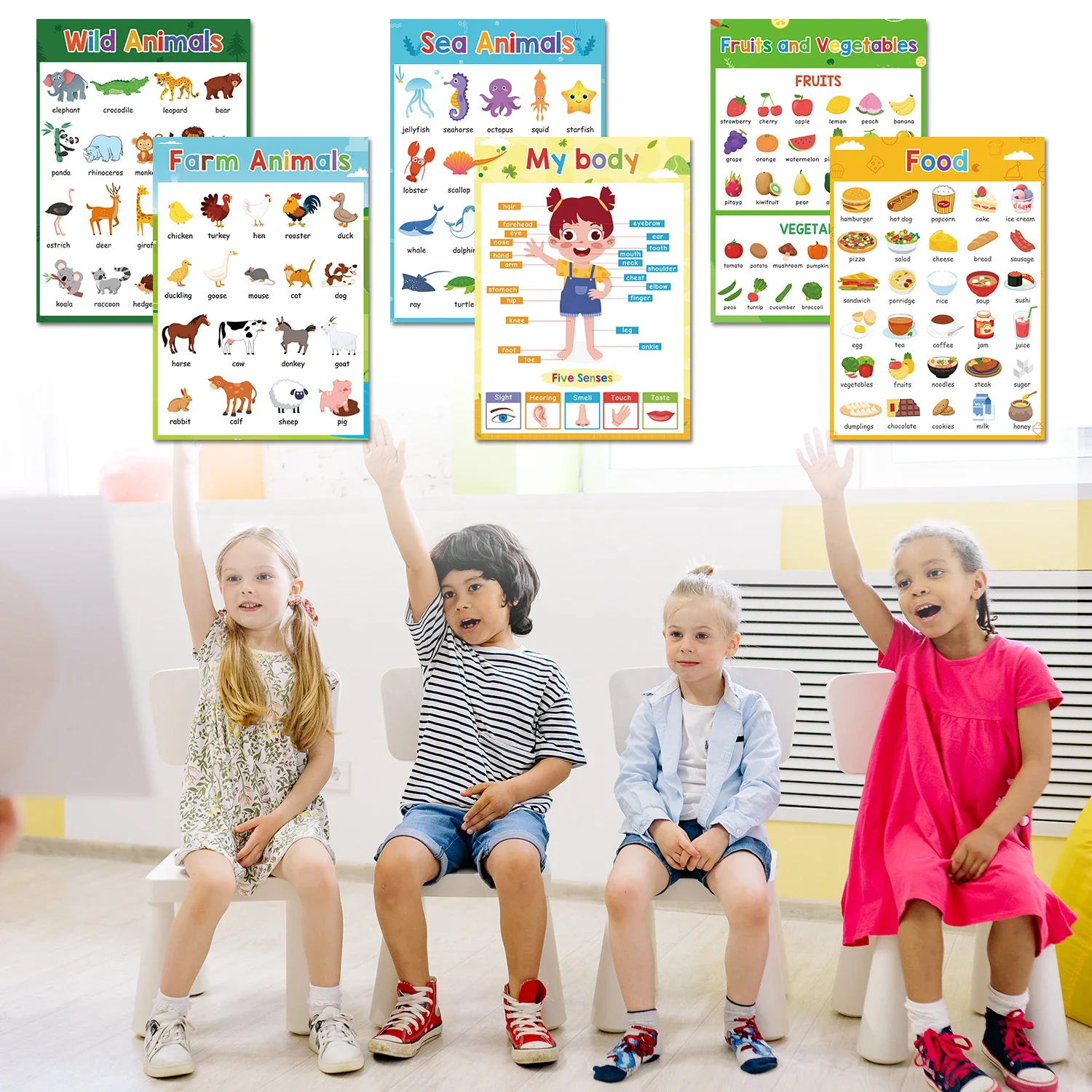 10 Themes Kids Learning French Korean Spanish English Big Cards Toys School Classroom Decoration A4 Poster Educational Toys 4
