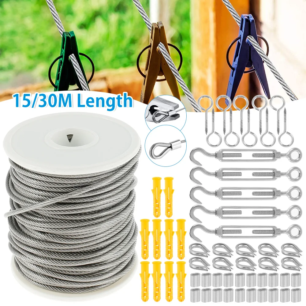15/30m Cable Guardrail Ropes PVC Steel Coated Flexible Wire Soft Stainless Steel Clothesline Fence Roll With Cord Hooks