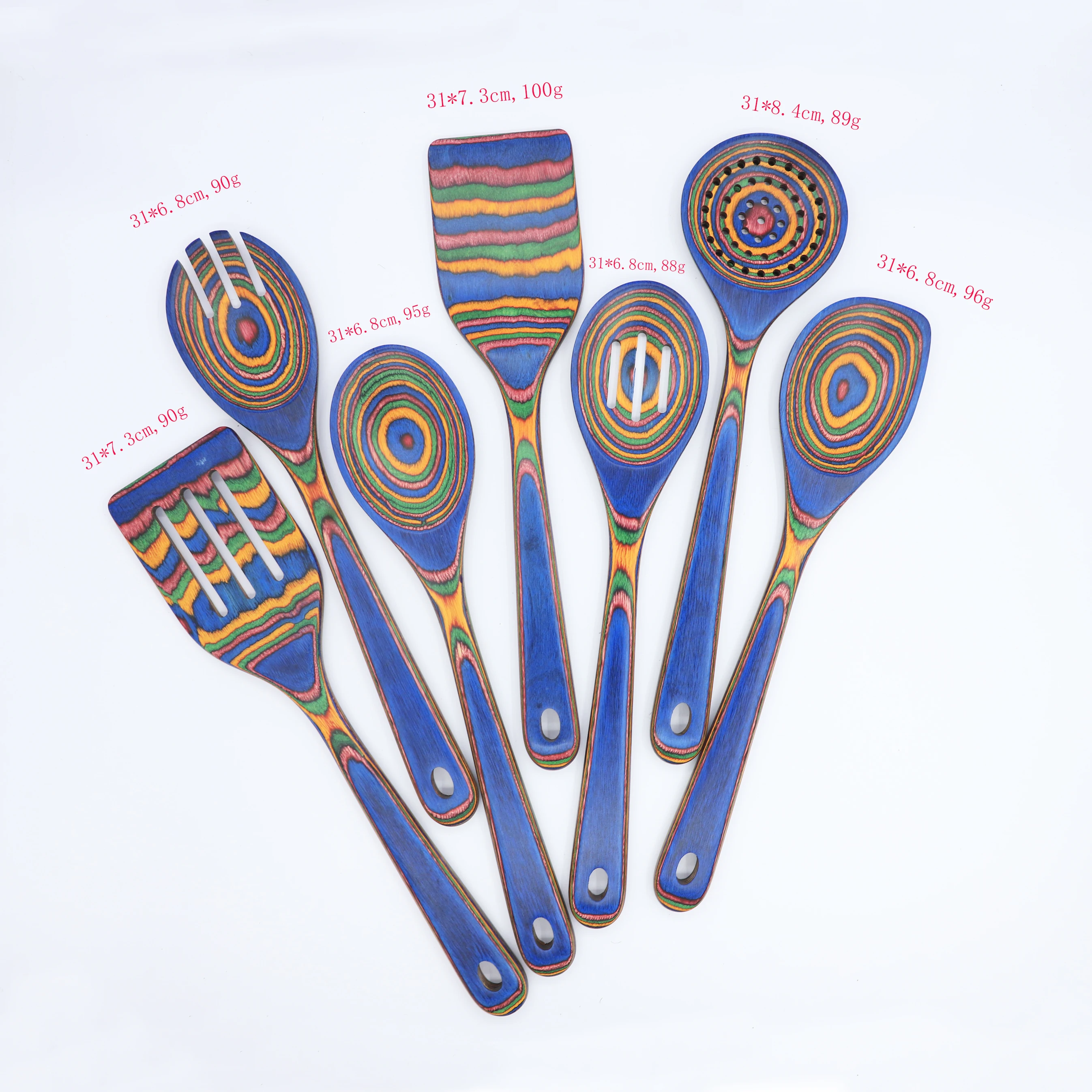 Colorful Wood Kitchenware Set Colorful Wood Drip Spoon Wooden Salad Spoon Mixing Six Piece Wooden Kitchen Tools Set