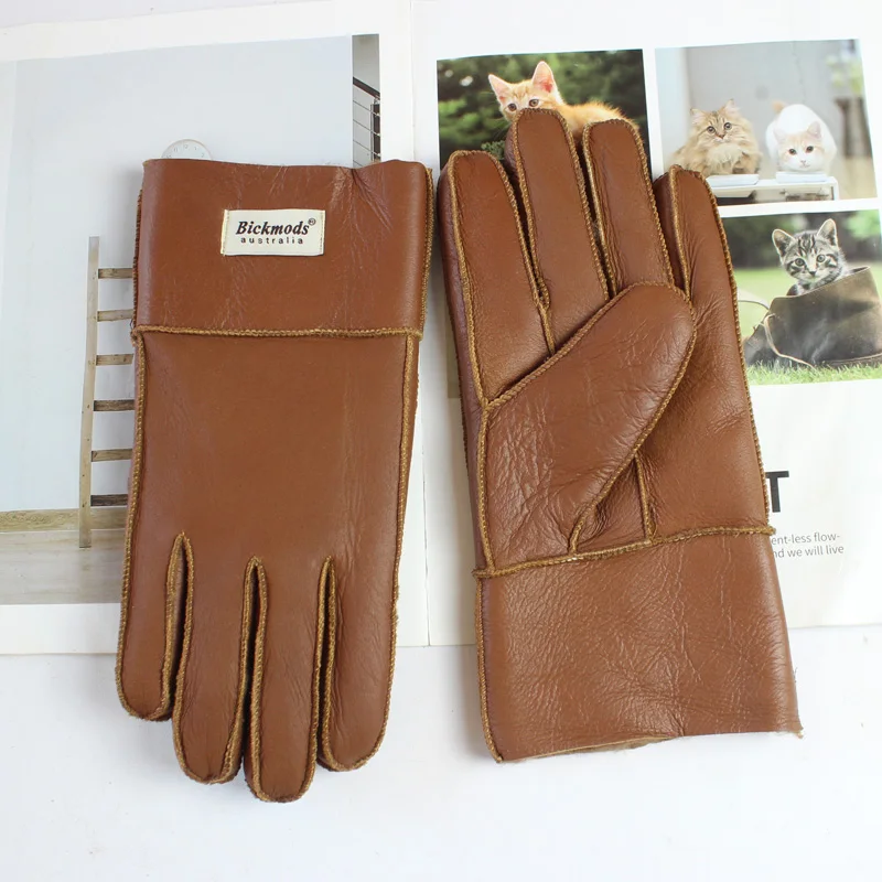 New men's sheepskin fur gloves thickened wool lining warm and cold resistant winter gloves leather