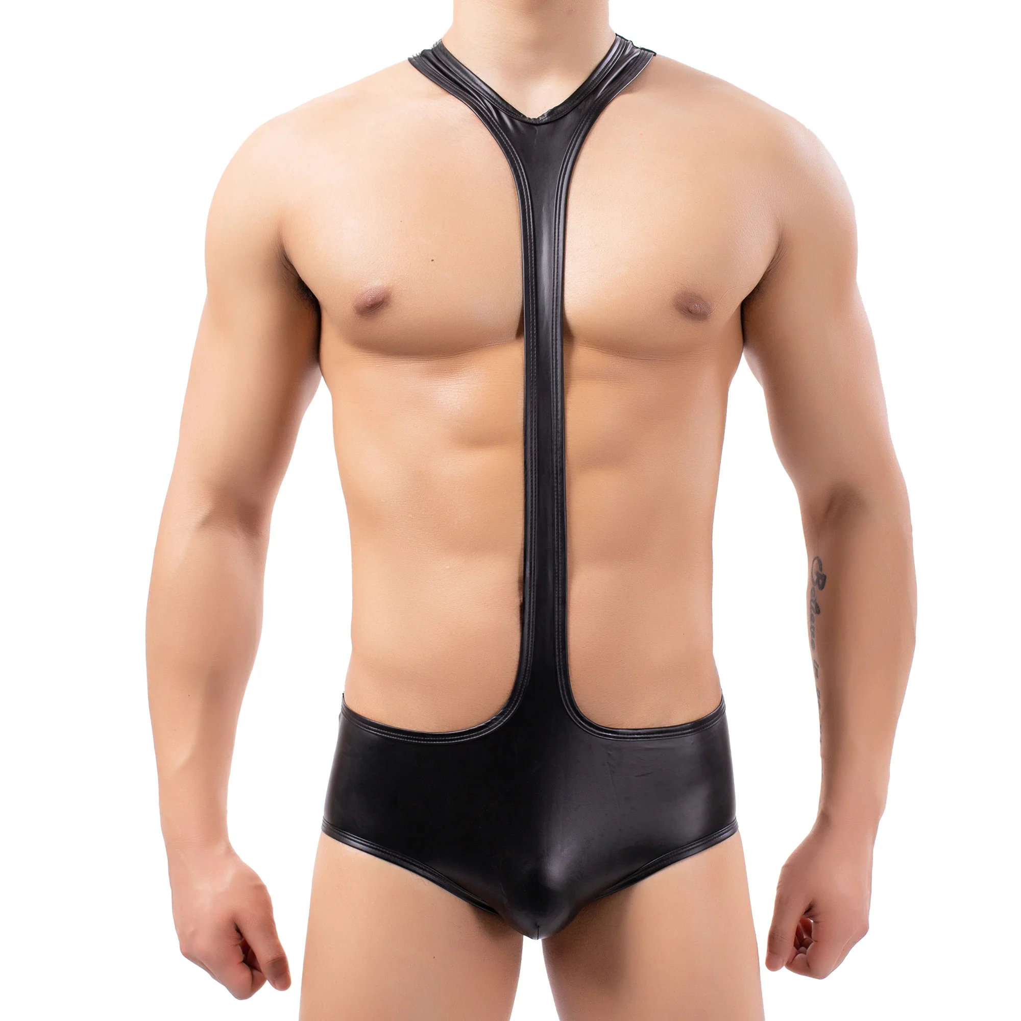 Sexy Mens Undershirts PU Leather Bodysuit One-Piece Leotard Clubwear Wrestling Singlet Gay Backless Briefs Penis Pouch Jumpsuits men underwear
