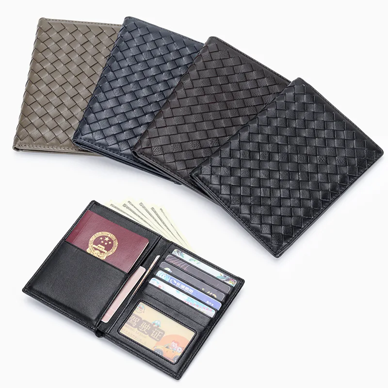 

High Quality Men Sheepskin Genuine Leather ID Card Passport Cover Purse Woven Multi-Function Card Holder Business Travel Wallet