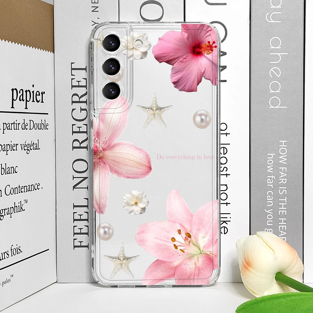 Luxury Pink Pearl Flower Pattern Clear Soft Phone Case