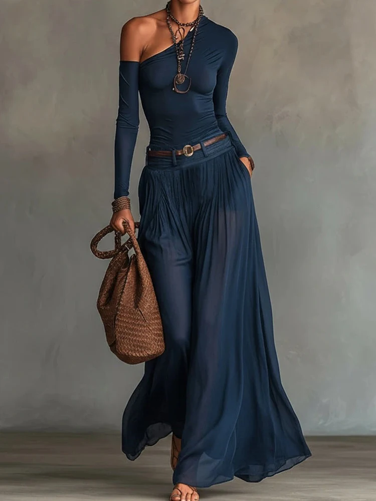 Spring Summer Women's Skew Collar Long Sleeve Pullover Top with Maxi Skirts Two-Piece Set Solid Patchwork Holiday Ladies Outfit 1