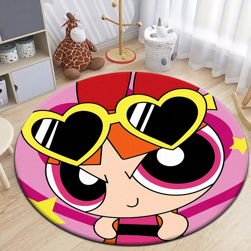 The Powerpuff Girls HD Printed Round Carpet for Living Room Rugs Camping Picnic Mats Flannel Anti-Slip Rug Yoga Mat Gifts area