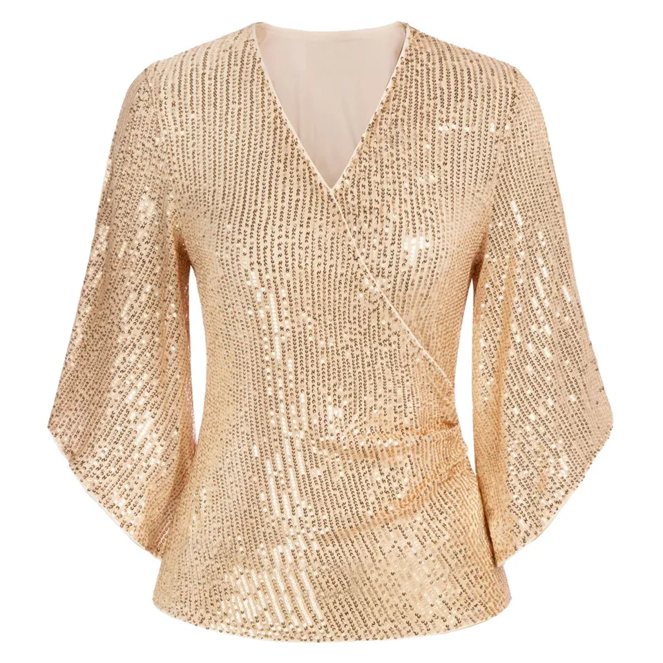 Top blu da donna con paillettes con scollo a V, top scintillante da sera con spalline sexy glitter, argento, S